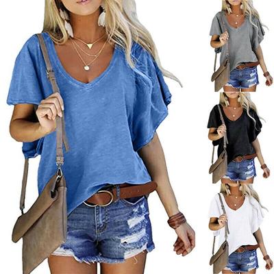 Women's Summer Fashion Casual Tops V Neck Short Sleeve Solid T Shirt Loose Tunic