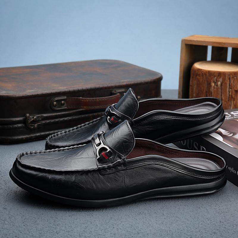 Fashion New Breathable Dress Shoes Genuine Leather Mens Slip on Shoes Fashion Men Half Loafers Slides Breathable Mules for Man Flats
