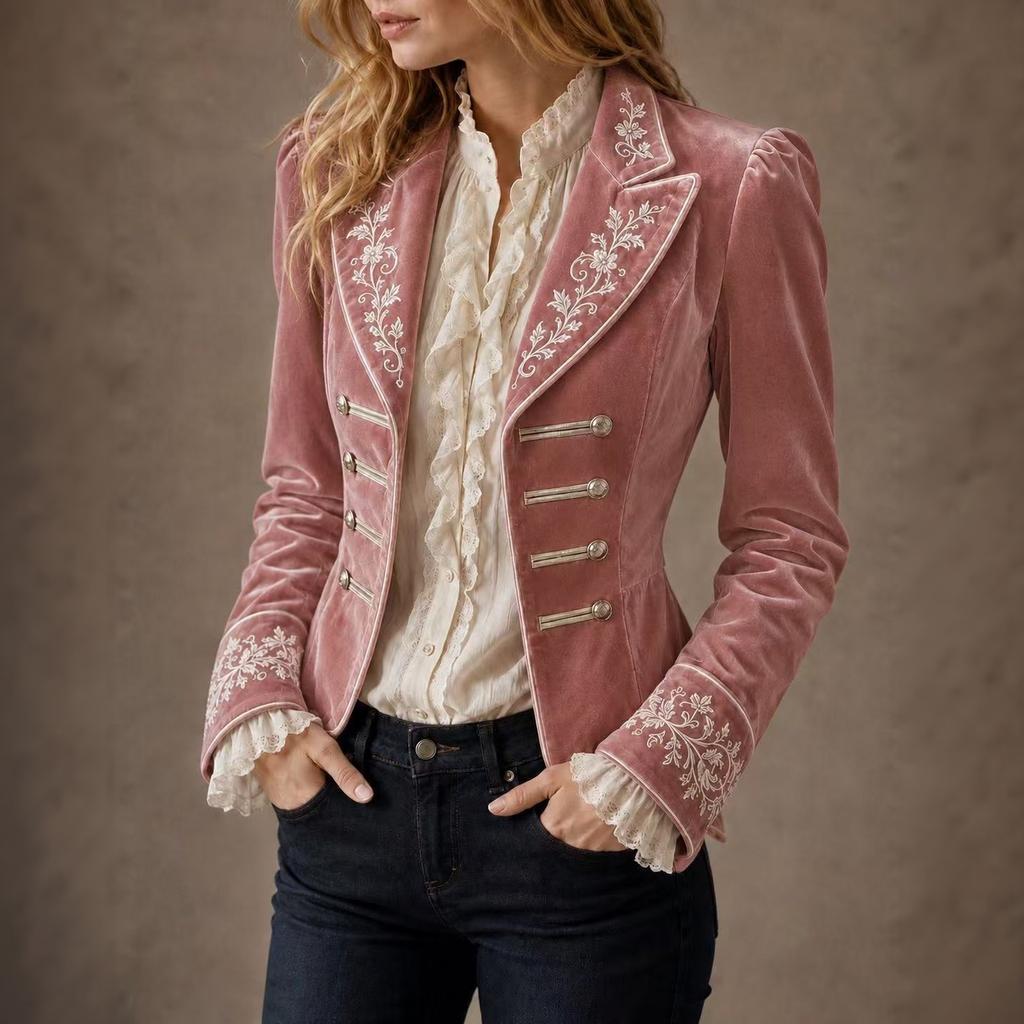 Women's Long Sleeve Velvet Coat with Embroidered Patchwork In Color