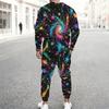 Men Plus Size Pink Printed Round Neck Long Sleeve Top Cuffed Pants Two Piece Set