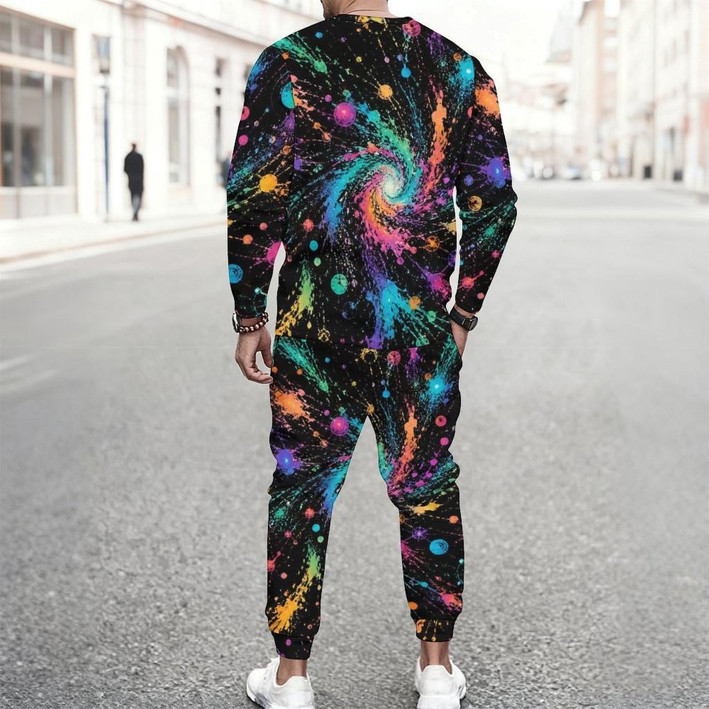 Men Plus Size Pink Printed Round Neck Long Sleeve Top Cuffed Pants Two Piece Set