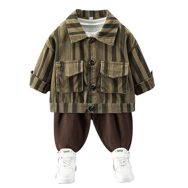 Stylish Cotton Two Piece Set For Boys Elegant Casual Striped Long Sleeve Shirt And Pants For Ages 3 To 8 In Khaki Color