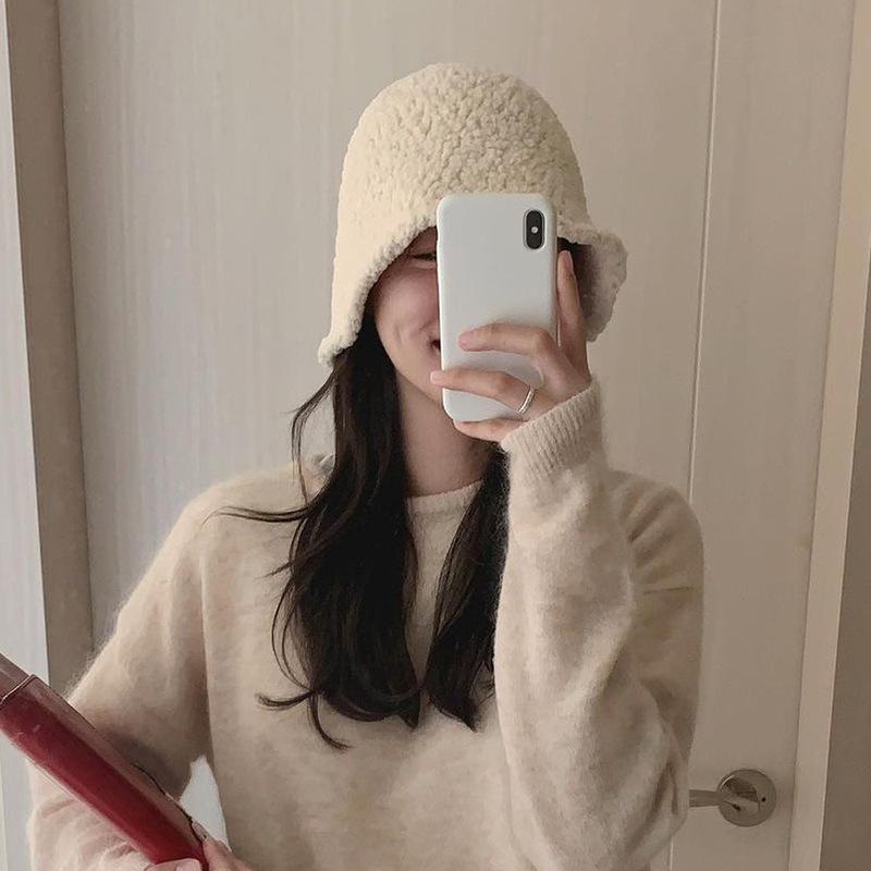 Women's Autumn and Winter Lamb Velvet Fisherman's Hat Korean Style Versatile Trendy Plush Warm Basin Hat Bucket Hat Show Small Face