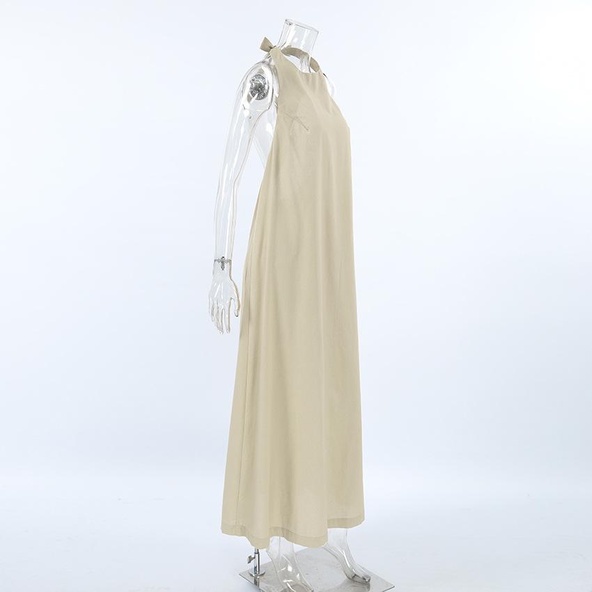 Khaki Hanging Neck Cotton Linen Dress, Loose Vest Skirt, Long Skirt For Women