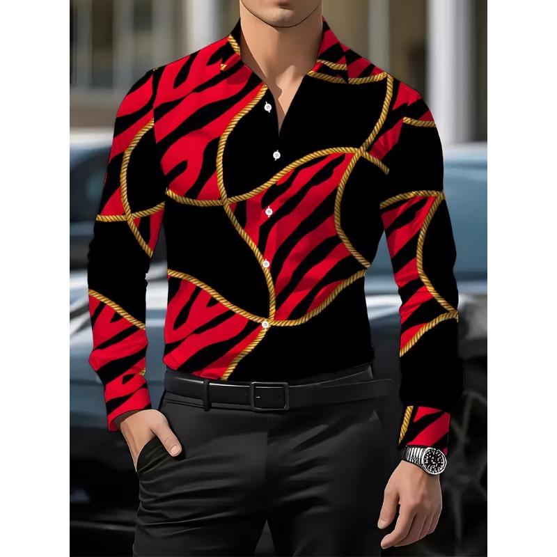men's long sleeved shirt 3D printed line pattern design and men's lapel button Spring Autumn casual top Men Clothing