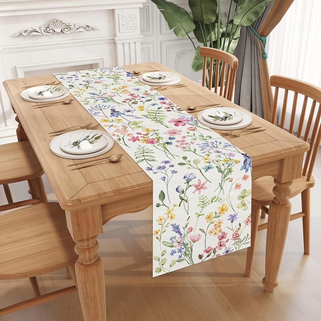 Spring Watercolor Flower Linen Table Runner Holiday Wedding Party Decor Farmhouse Summer Floral Table Runners Dining Table Decor