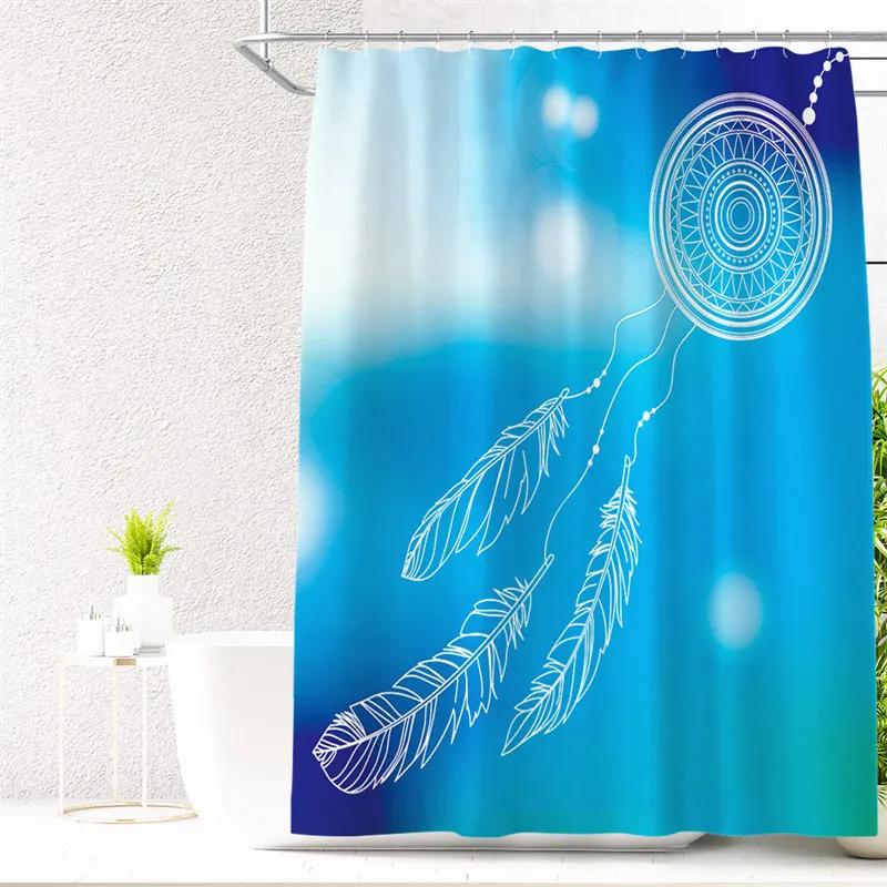 Feather Green Shower Curtain Liner Dreamcatcher Fabric Shower Curtain Waterproof Bath Curtain with Hooks Stall Home Decoration