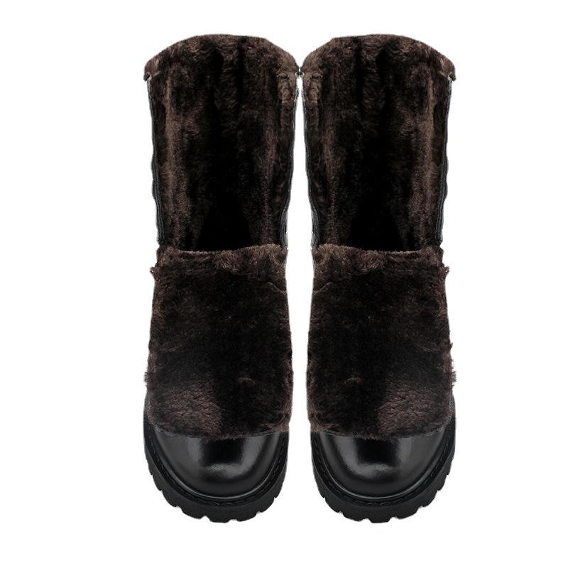 Cotton high-top tall cowhide Martin boots flat-bottomed round boots work outdoor lace-up side zipper hollow boots men