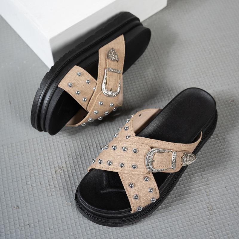 

Fashion Rivet Thick-sole Slippers 2025 Women s Summer Fashion Canvas Non-slip Casual Mid-heel Slippers Comfortable Beach Flip-flops 35 хаки