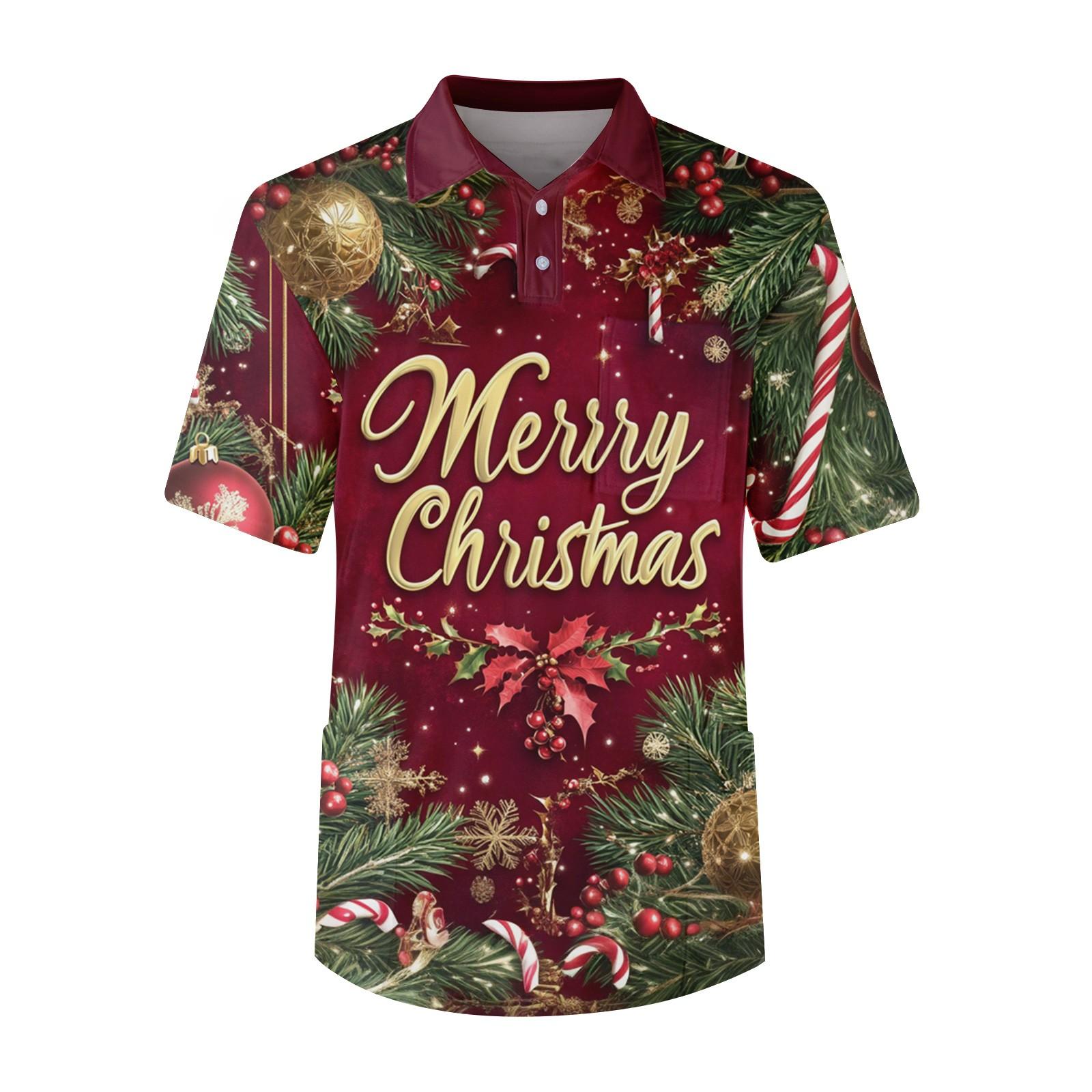 

Мужской топ с коротким рукавом, пуговицами, лацканами, рождественскими принтами, нагрудным карманом, Dry-nurse XL