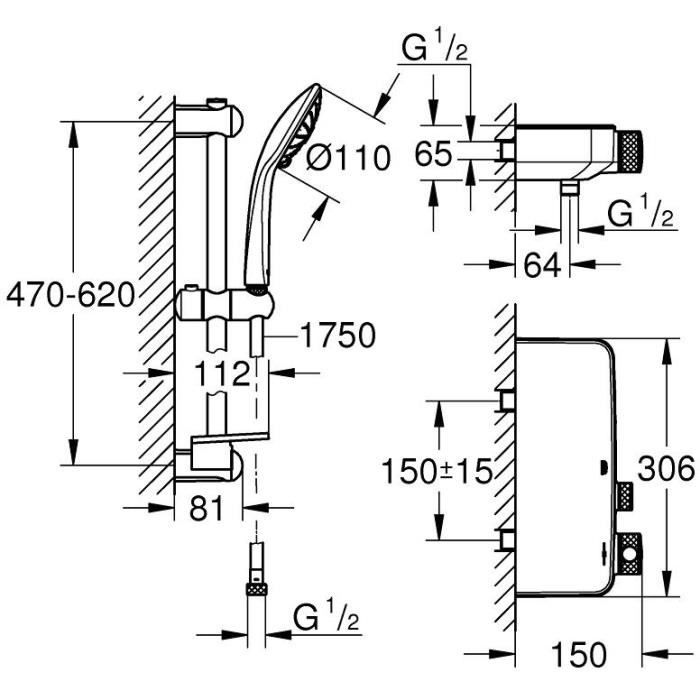 GROHE Ensemble de douche 3 jets Grohtherm SmartControl 34720000-Barre de douche 60 cm-Economie d'eau-Anti-torsion-2 Tablettes-Chrome