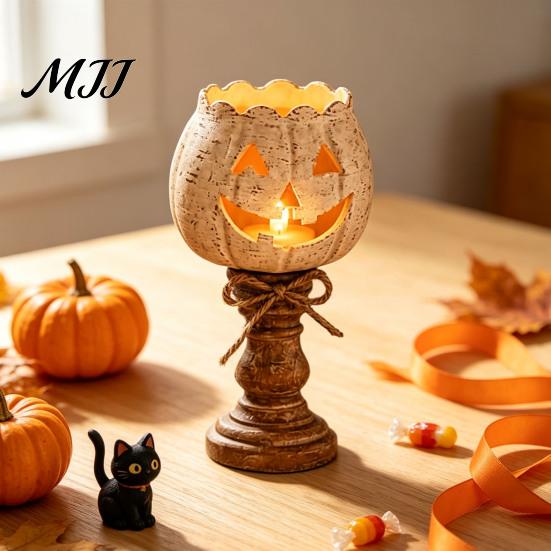 Distressed Resin Pumpkin Ornaments Rustic White Tealight Candle Holder Set, Farmhouse Halloween Tea Light Decorative Lanterns for Autumn Holders