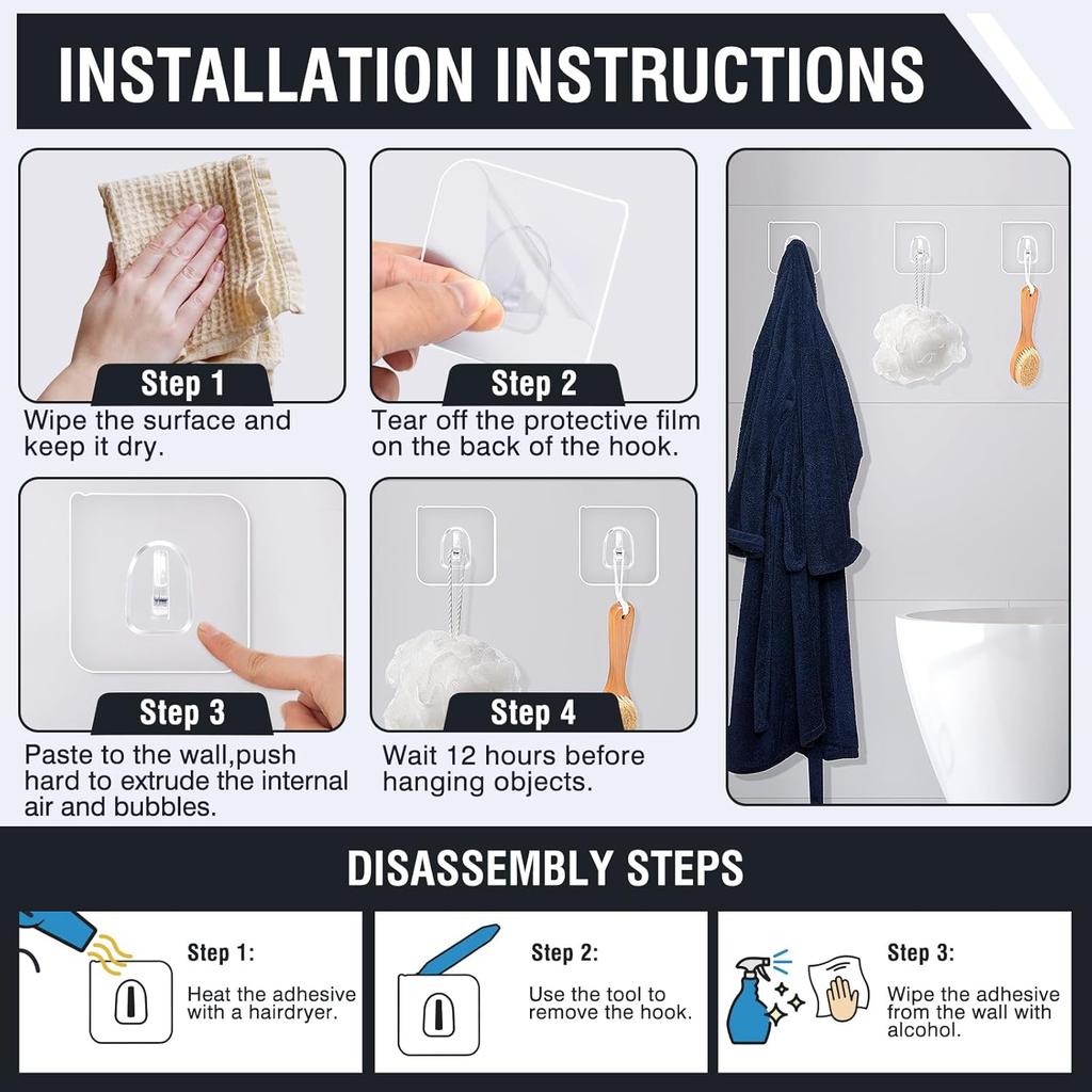 Self Adhesive Hooks,Extra Strong Sticky Hooks for Hanging,Heavy Duty Stick On Hooks,Wall Mounted Hooks for Bathroom,Kitchen,Closet,Office,Hanging