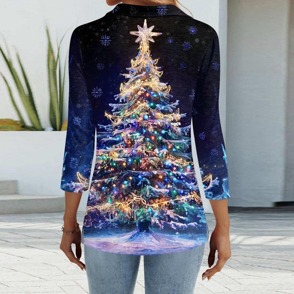 Mote dame casual revers kort 3/4 ermet juleprint skjorte dame knapp opp topper