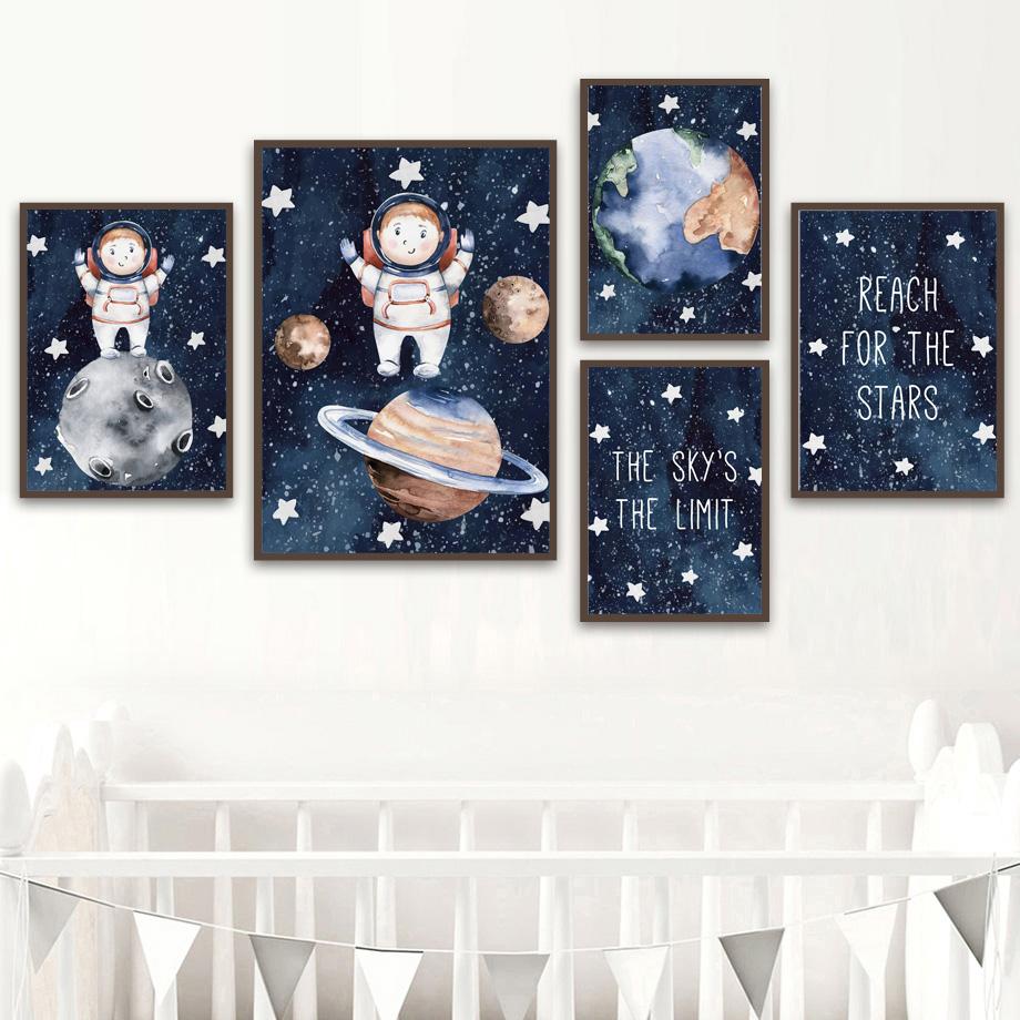 Nursery Wall Art Space Astronaut Rocket Earth Moon Quotes Canvas Painting Nordic Posters And Prints Decor Pictures Baby Boy Room