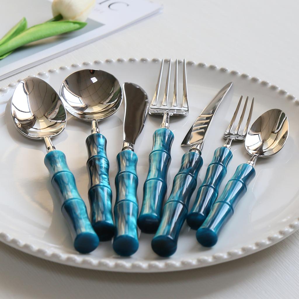 Acrylic bamboo 304 stainless steel tableware set, steak knife, fork, spoon dinnerware set 1pc/5-piece set