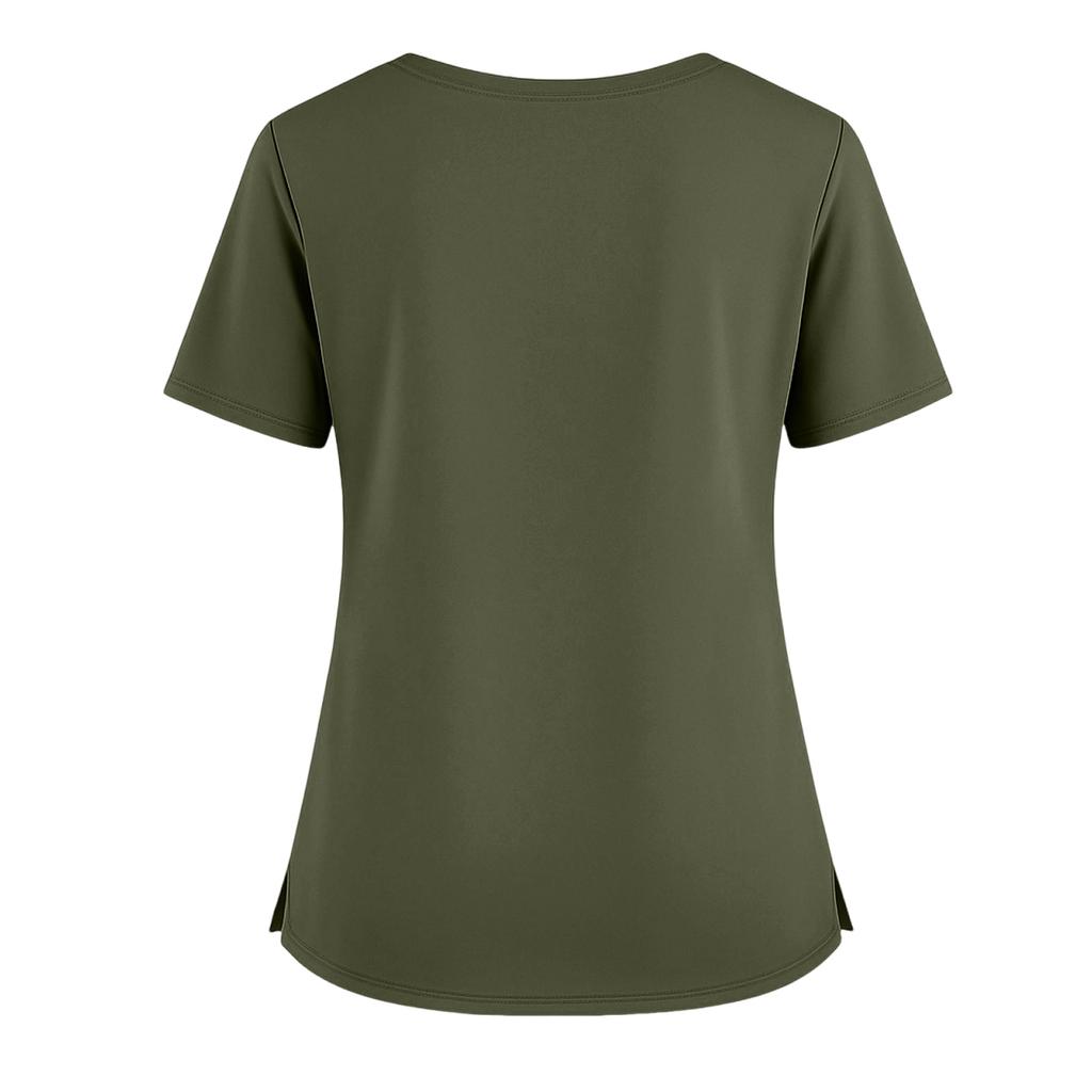Women's Short Sleeved Solid Color V-neck Buttonable Side Slit Top T-shirt