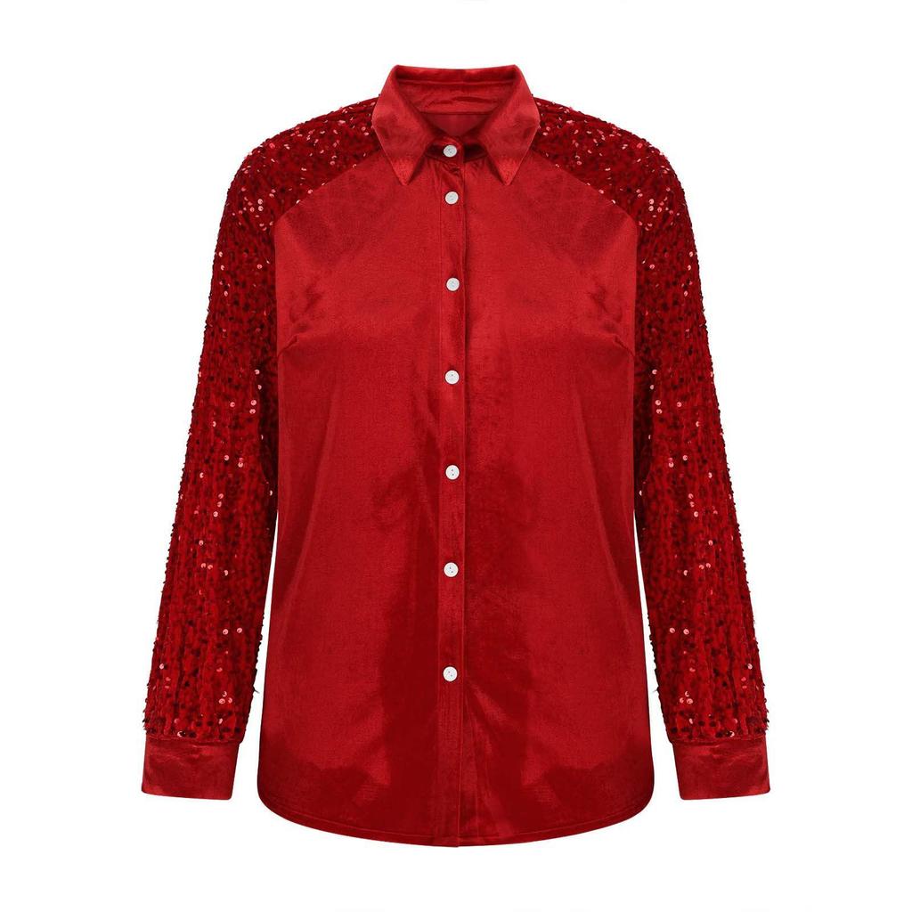 Haut Européen en Velours pour Femme avec Patchwork Manches à Sequins, Collection 2025