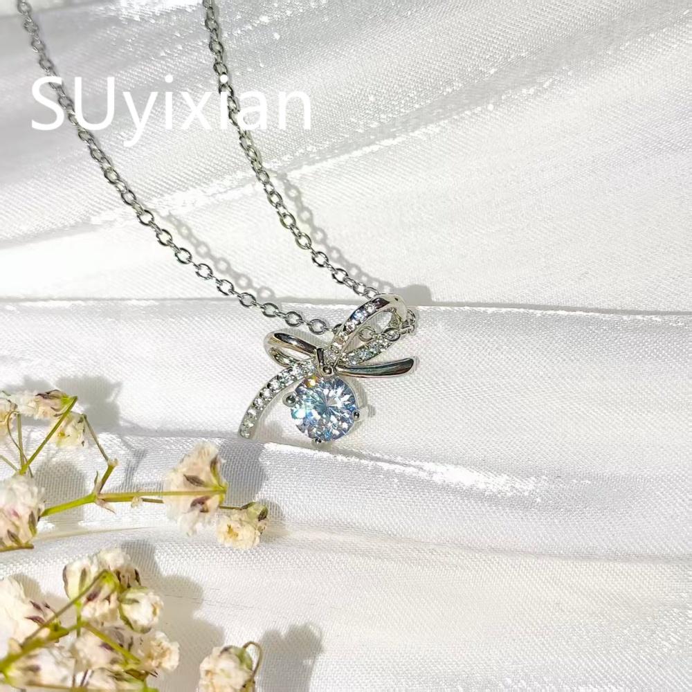 925 Sterling Silver Fashion Light Luxury Bow Zircon Pendant Necklace Birthday Party Anniversary Gift