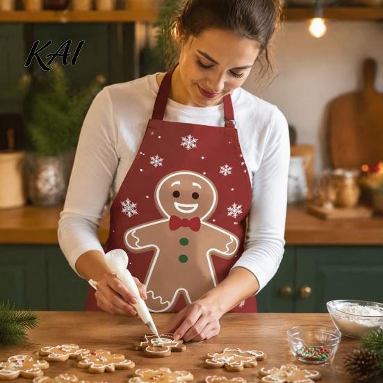 Holiday Housework Bib Christmas Apron with Santa Gingerbread Prints, Waterproof Oil Resistant Cooking Apron, Adjustable Tie for Kitchen Baking