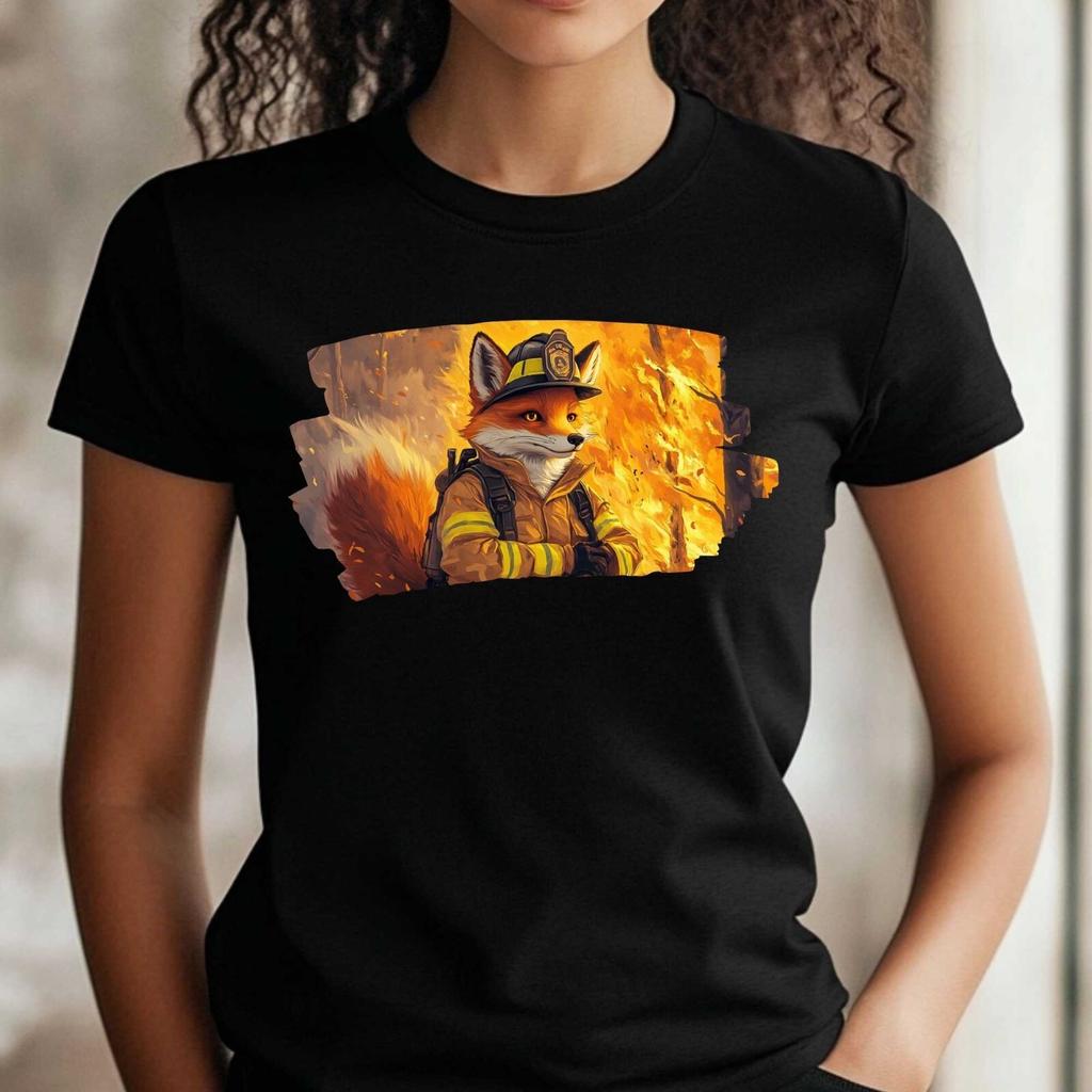 T-Shirt Frauen Fuchs als Feuerwehrmann Motiv Baumwolle Größe XS bis 3XLWird in neuem Fenster oder Tab geöffnet