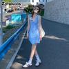 Korean Style Blue Fresh Floral V-Neck Backless Dress for Women Summer Slim Fit Vacation Style Sleeveless Bodycon Mini Skirt