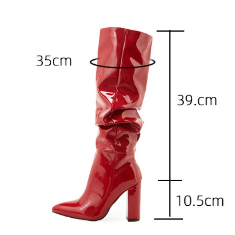 Fashion 2025 Patent Leather Pointed Chelsea Women Knee Long Boots Spring Autumn Fashion Pleated Solid Color Panel Thick Heel Boots