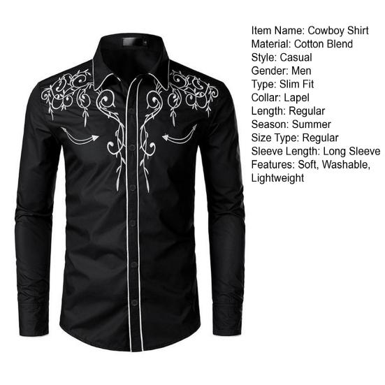 Men Western Cowboy Shirt Lapel Collar Single-breasted Long Sleeve Embroidery Slim Fit