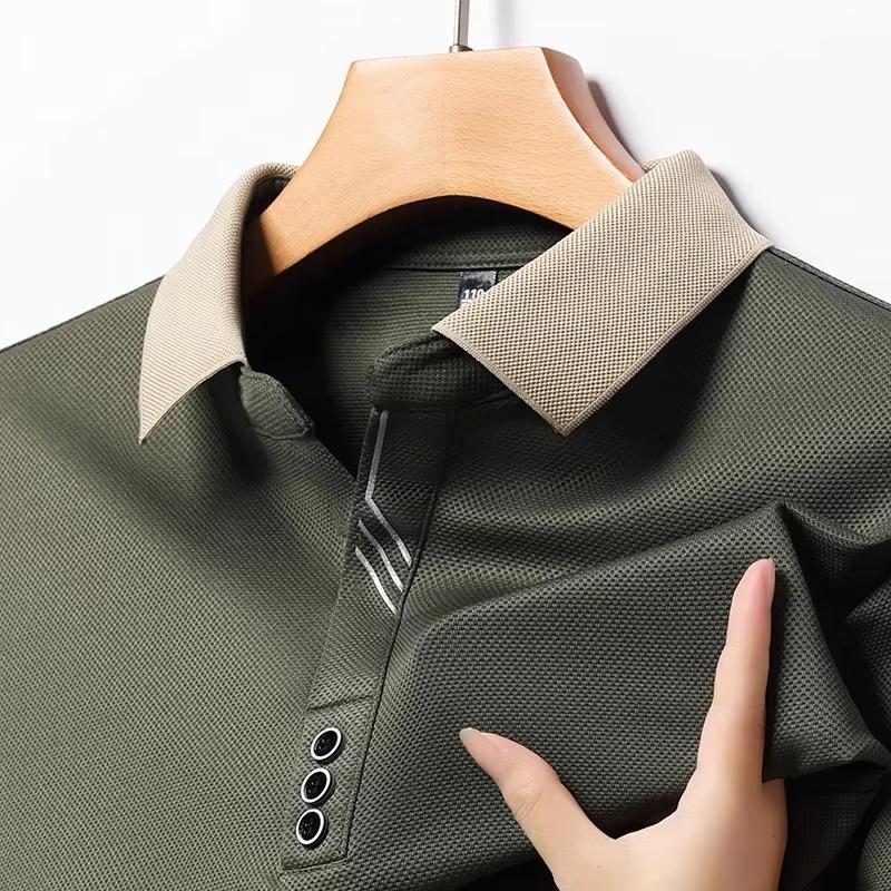 Men's Spring Long Sleeve Polo Shirt Turn-down Collar Solid Color Breathable Cozy Tees Casual Button Up Male T-shirt