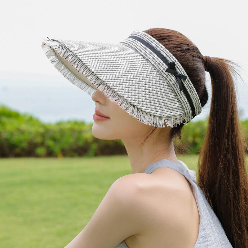 Tassel Large Brim Sun Hat Summer Outdoor Travel Sun Protection Hat Women's Plaid Bow Empty Top Hat