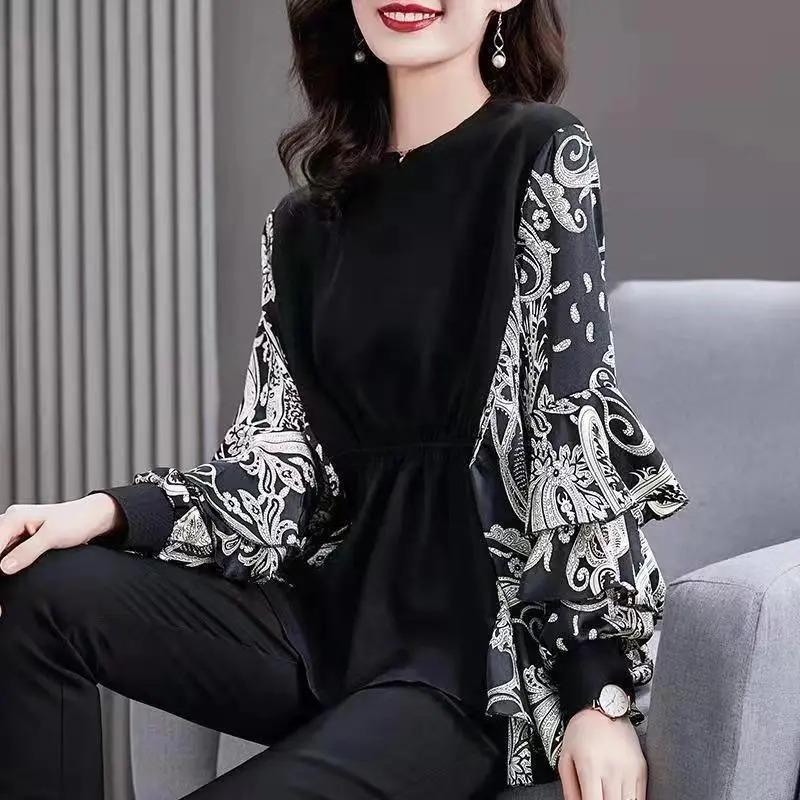 Autumn Long-sleeved Women's Tops Round Neck Printed Fashionable Middle-aged Plus Size Bottoming Shirts for Women