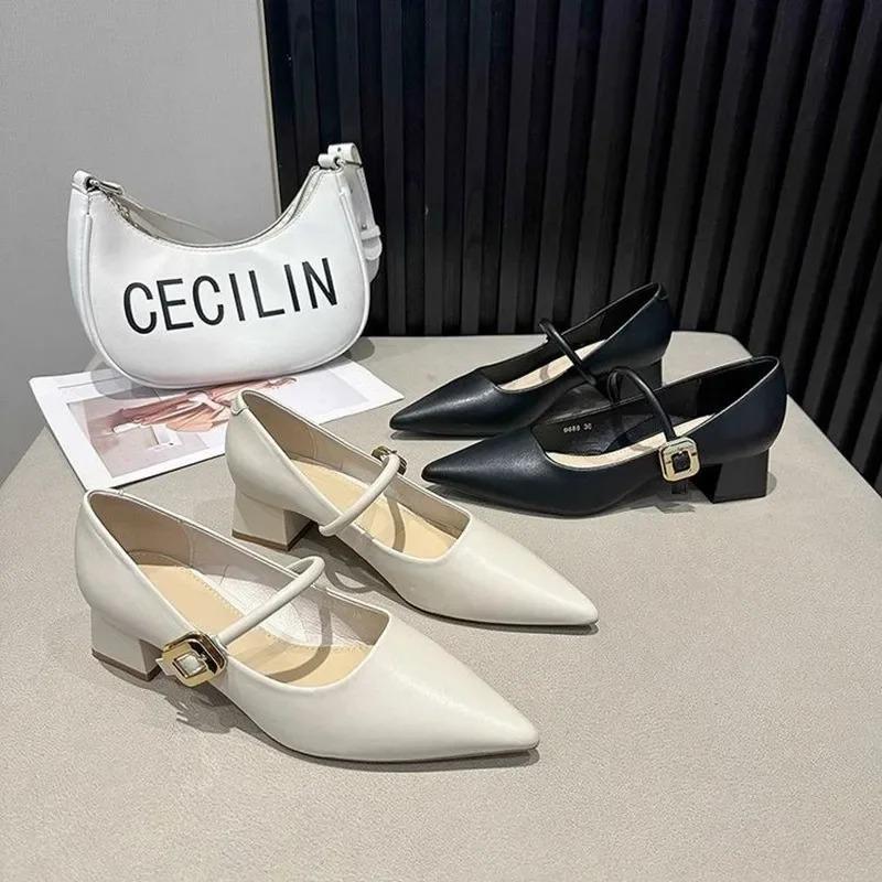 Vår Ny Mode Spetsig Tå Mjuk Enkel Spänne Högklackade Pumps Dam Enfärgad Kontor Bekväma Arbetsskor Kvinna Zapatos