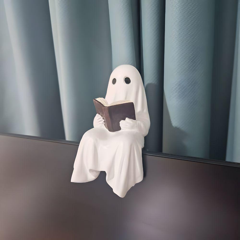 Halloween Ghost Figurine, Ghost Reading Statue Resin Sitting Ghosts Figurine