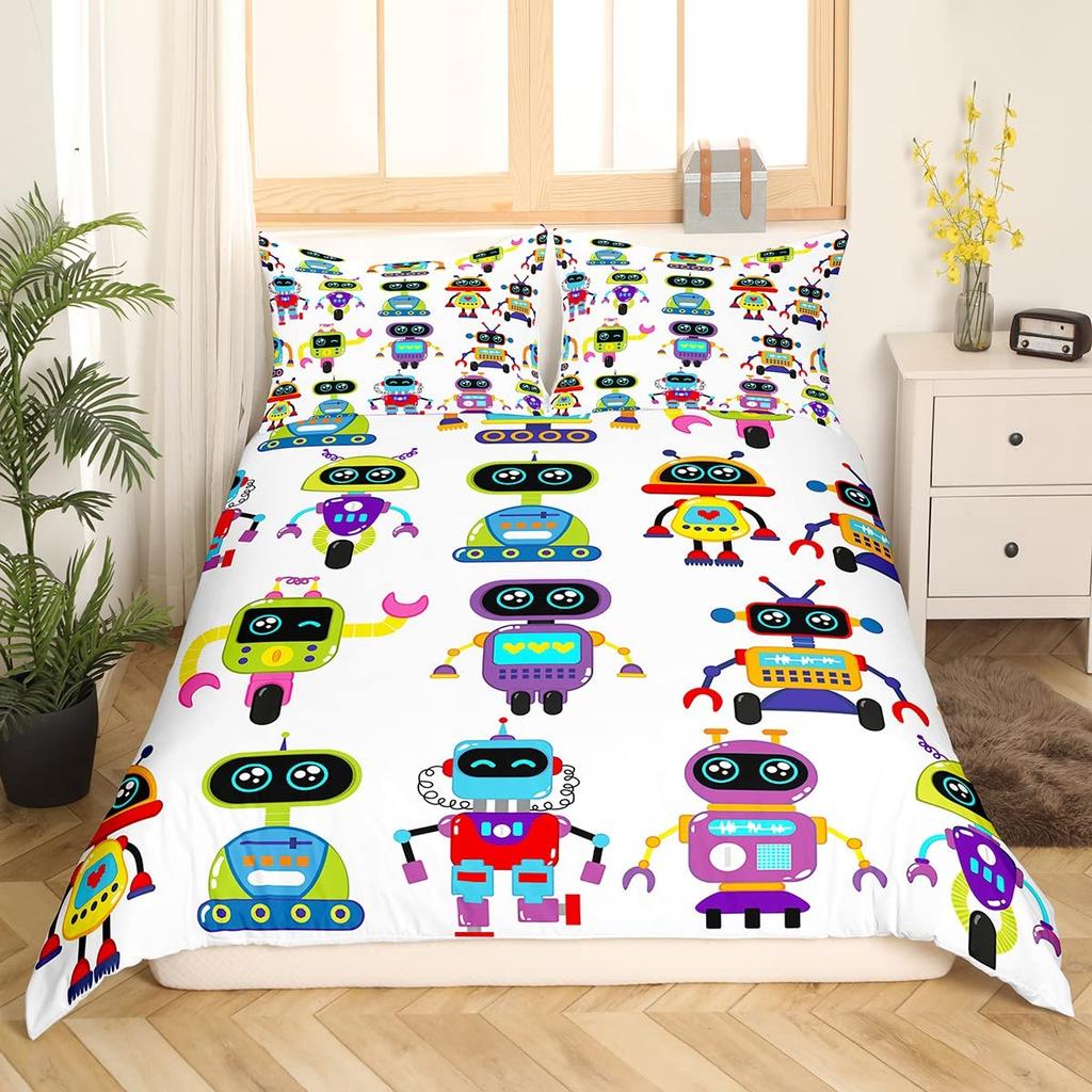 Robot Duvet Cover Sets for Kids Boys Girls Queen Size Lightweight Down Quilt Covers 2 Pillowcases 1 Comforter Cover No Comforter