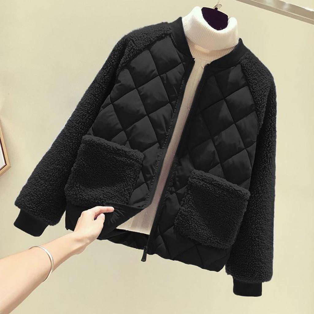 Womens Quilted Baseball Jacket Long Sleeve Thickened Cotton Padded Outerwear Zip Front Lightweight Warm Casual Coat