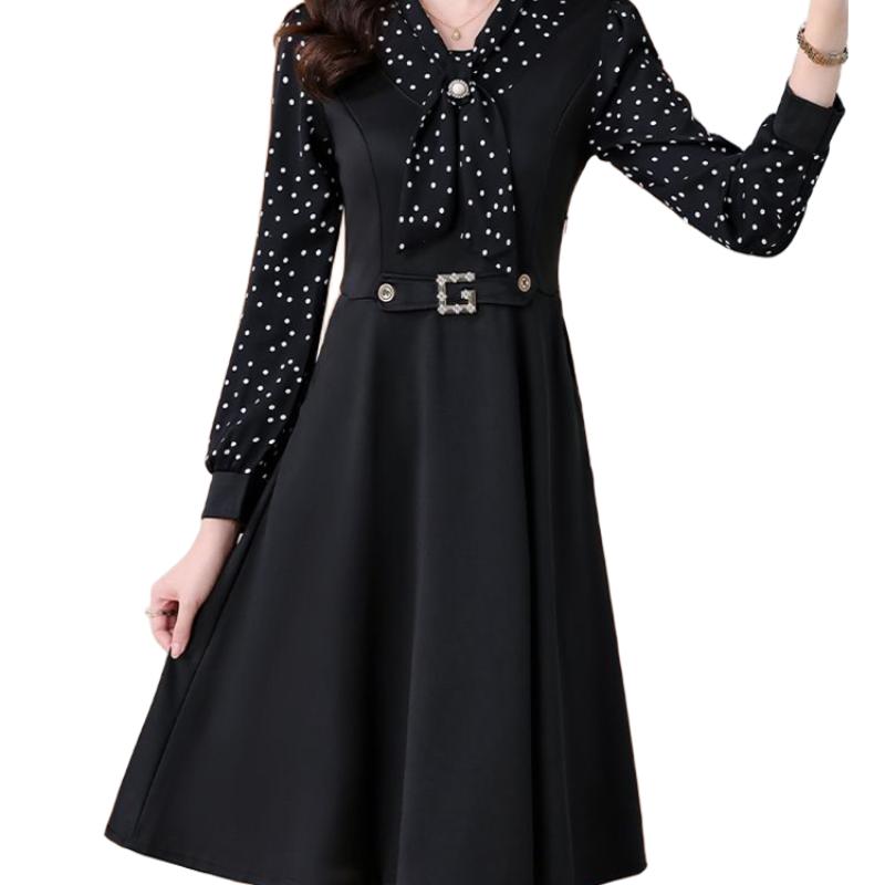 Women's Korean-Style Casual Elegant Slimming A-Line Dress Bow Patchwork Rhinestone Solid Color Long-Sleeve Dress