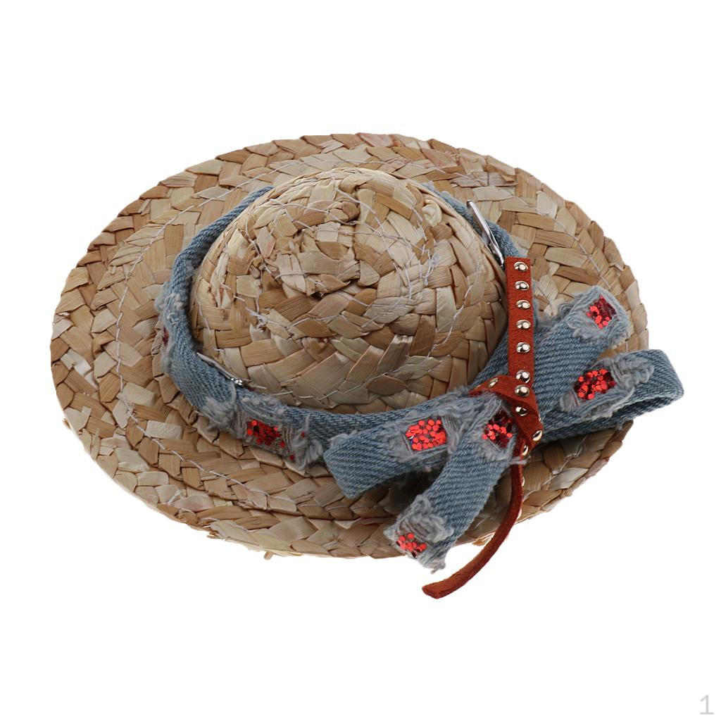 

Pet Dog Cat Party Costume Accessory Straw Sombrero Hat Adjustable Buckle Pink S Denim M