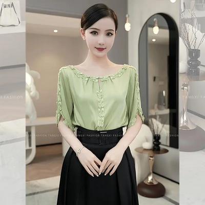 Summer New High-end Temperament Green Design Butterfly Shirt Tops for Women