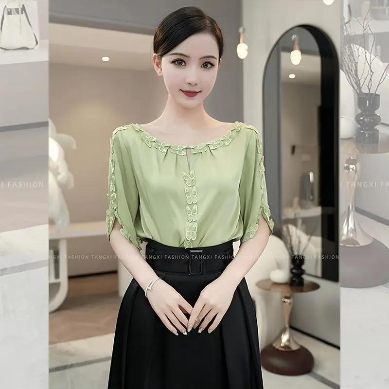 

Summer New High-end Temperament Green Design Butterfly Shirt Tops for Women S зелений