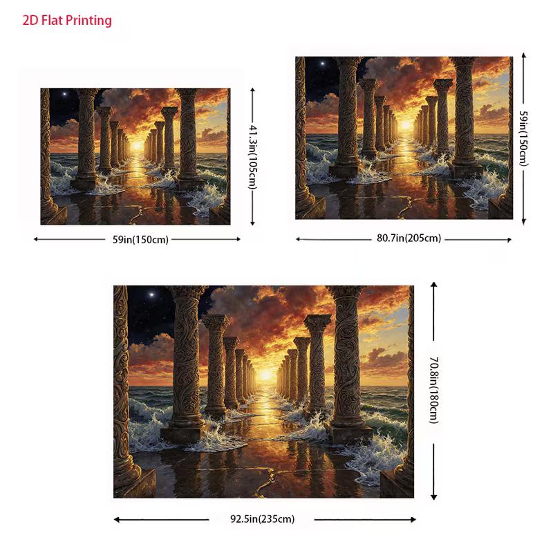 2D Roman Pillar Sunset Ocean Backdrop Vintage Architecture Fantasy Landscape Background for Photoshoot