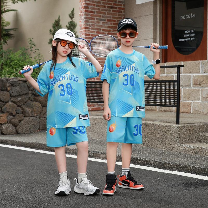 

Children s basketball jersey set boys and girls fake two pieces quick-drying No. 30 jersey sports training jersey short-sleeved jersey group buying 16 yards светло-синий