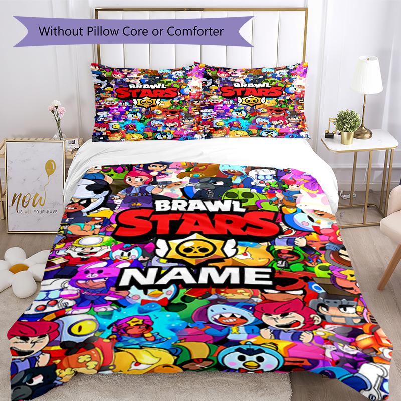 3pcs Custom Name Brawl Stars Bedding Set Duvet Cover Closure Includes 1 Duvet Cover & 2 Pillowcases, Soft and Comfortable for All Seasons.