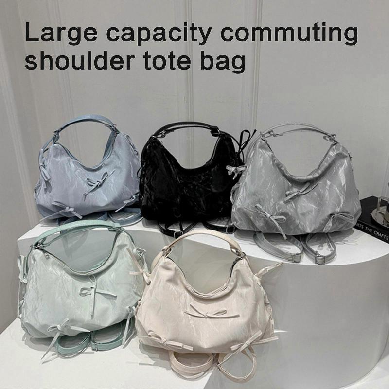 Elegant Bowknot Shoulder Bag Spacious PU Leather Handbag Crossbody Purse Casual Satchel for Women and Girls White