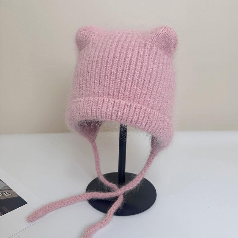 Cute Ears Autumn and Winter Wool Rabbit Hair Straps Candy-colored Wool Hat Bag Head Ear Protection Knitting with Student Warm Girl