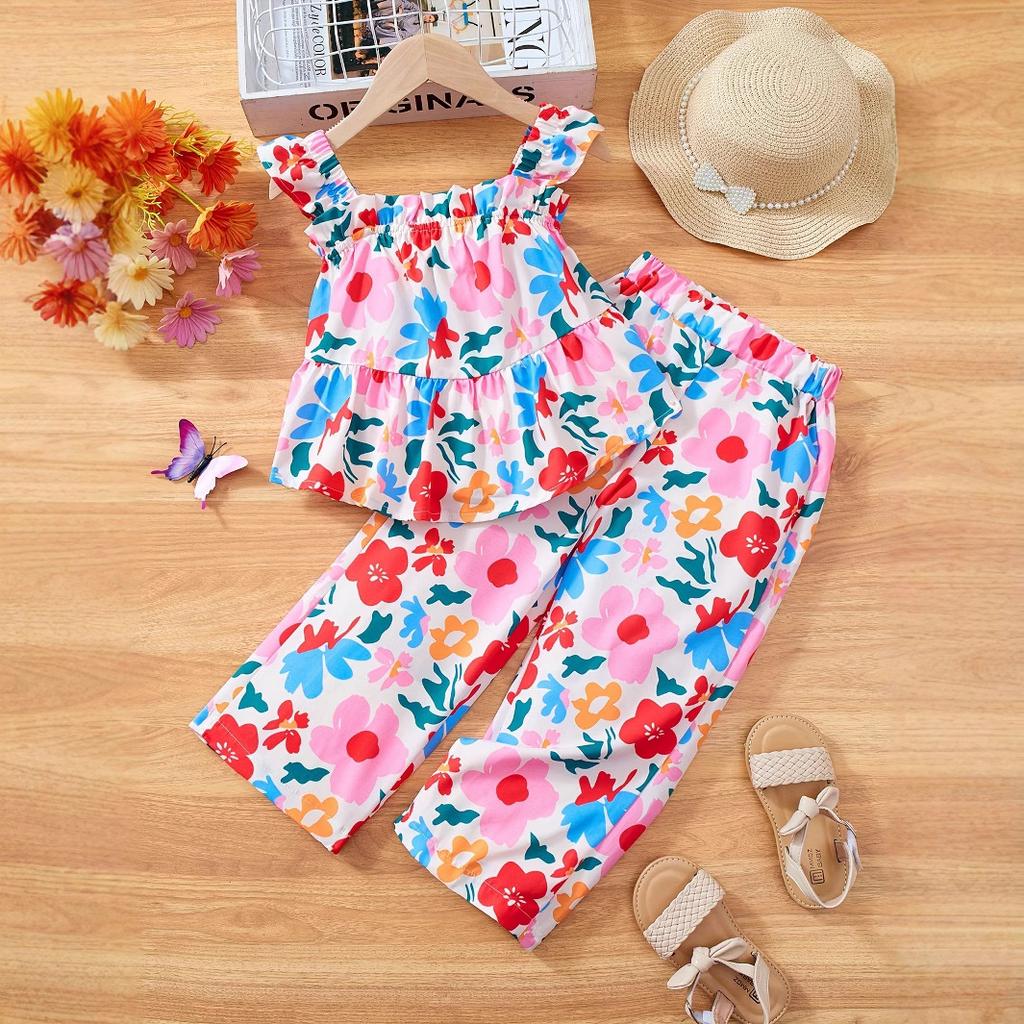 Girls' Fashion Set Summer Children's Casual Floral Print Holiday Top and Pant Set