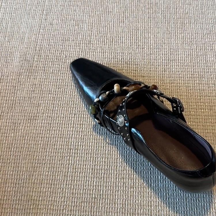 Sheepskin version~ retro style rivets beaded square head inner height increase Mary Jane shoes women's shallow mouth word with temperament single shoe