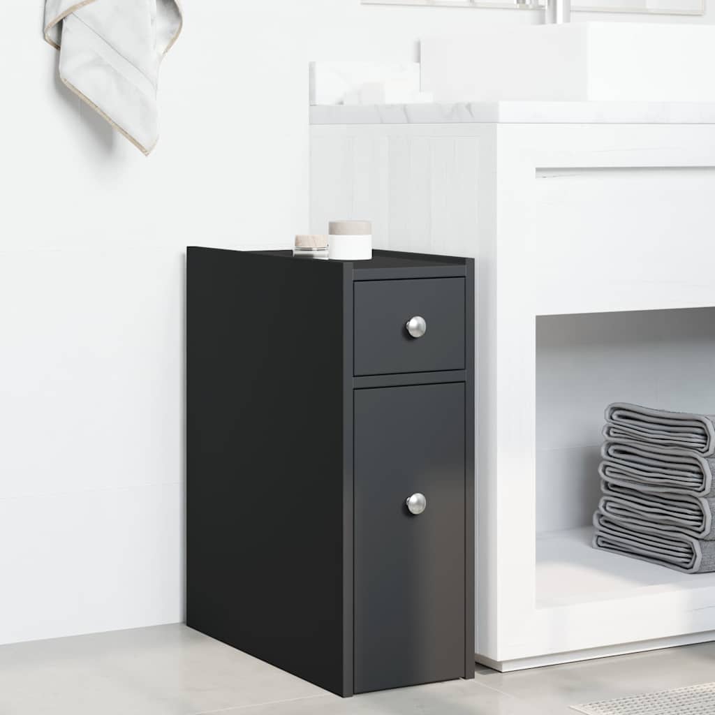 Narrow Bathroom Cabinet with Casters Black Particleboard