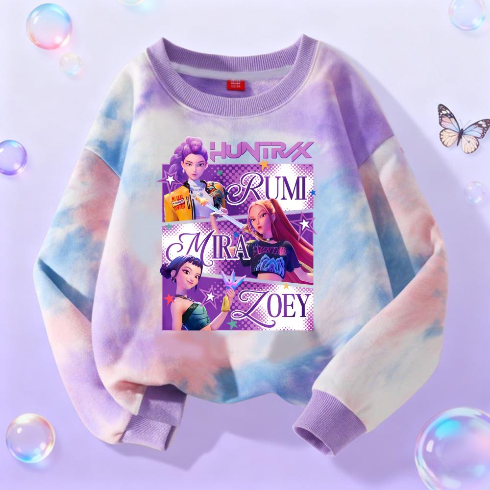 KPop Demon Hunters Long Sleeve Girls Trend Leisure Tops Anime Cartoon Spring Autumn Clothes Tie-dye Versatile Sweatshirt