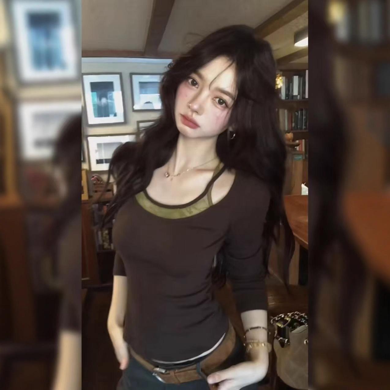 

Maillard Spicy Girl Color-Block Halter Long-Sleeve Two-in-One Women s Autumn Top S - High Quality коричневый