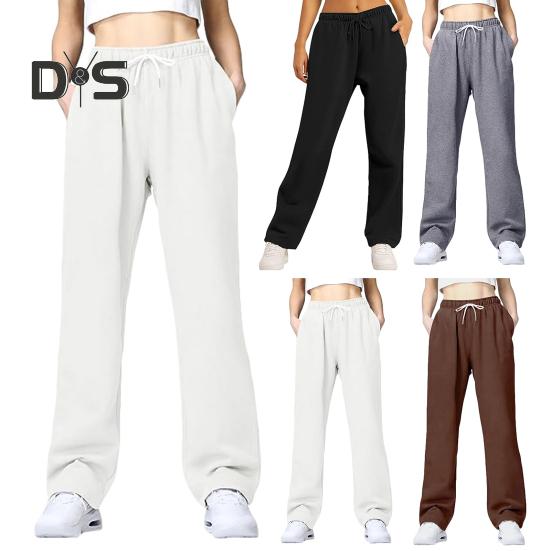 Women Pants Mid-rise Elastic Waist Adjustable Drawstring Long Trousers Solid Color Straight Wide Leg Autumn Winter Sport Trousers